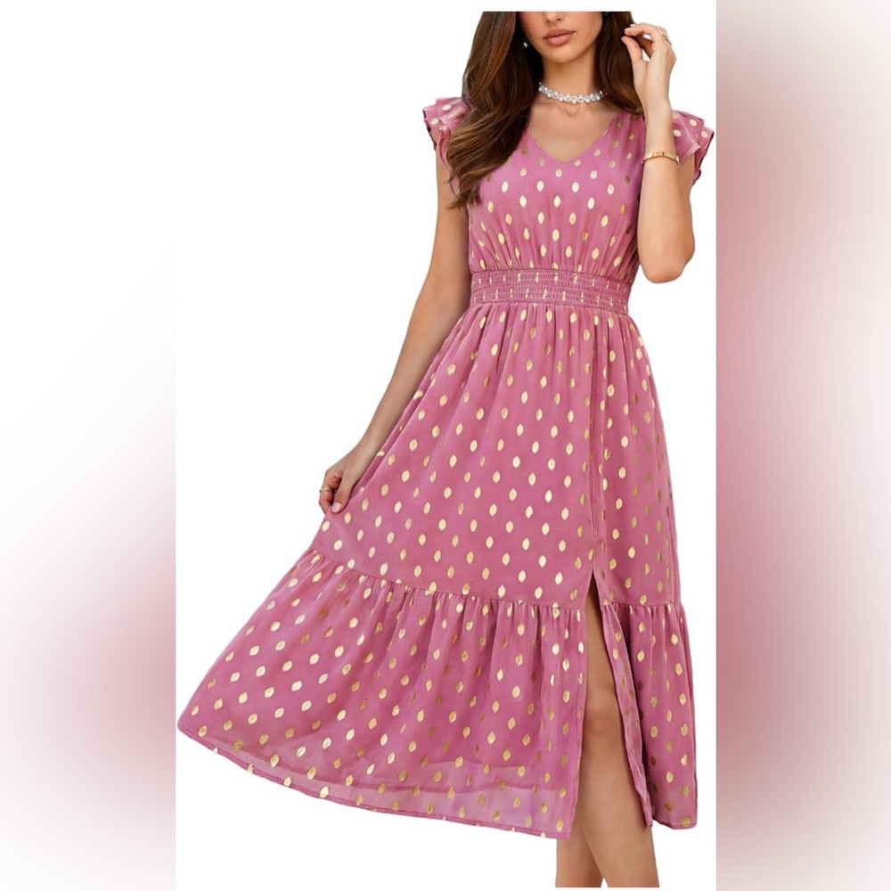 Grace Karin Pink Maxi Dress with Gold Dot Print